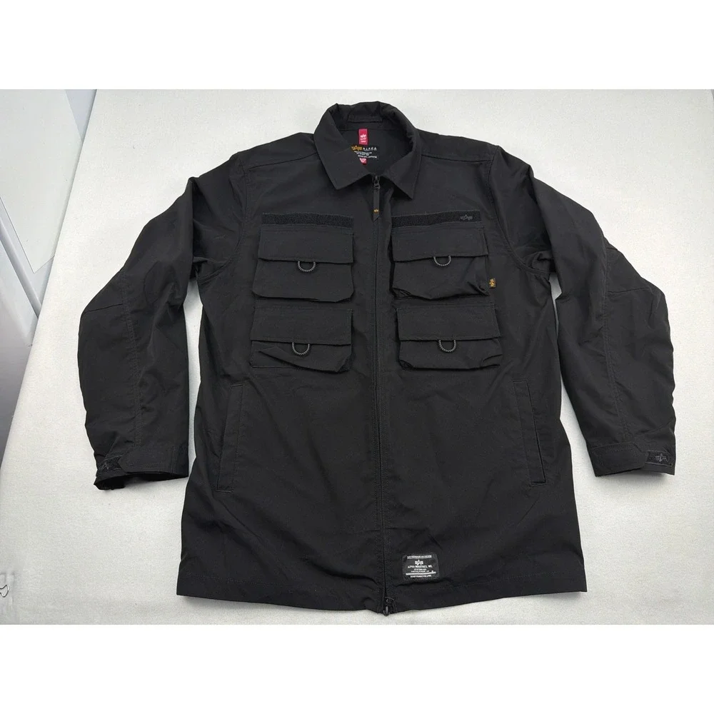 Alpha Industries Mens Full Zip Nylon Cargo Tactical Field Shirt Jacket Black 2XL